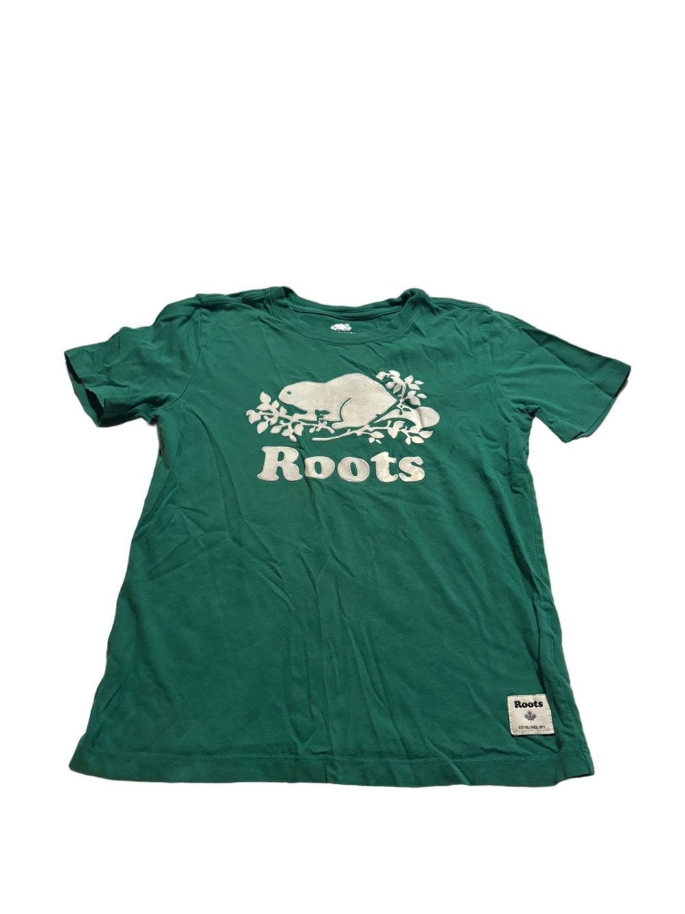 Roots Kids Green Tee with White Beaver Logo Size 7-8